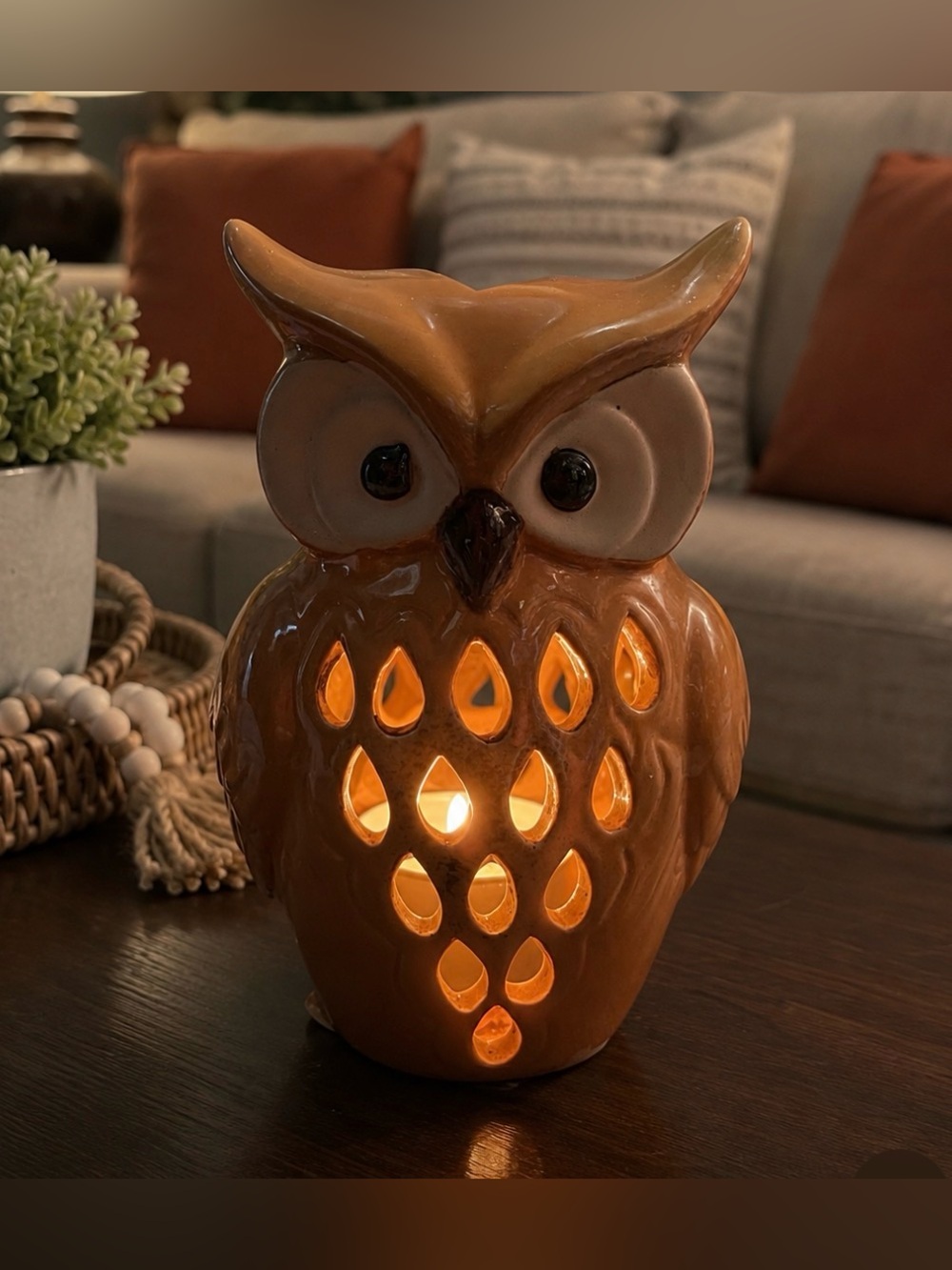 Ceramic Owl Tealight Holder - Orange Glaze - Picture 4 of 6
